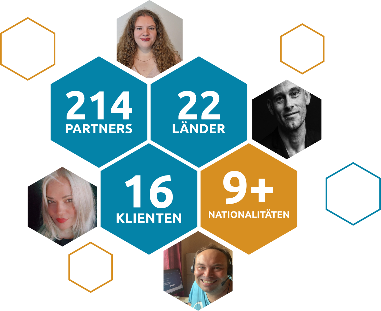 Mehrere Hexagone, welche die Anzahl an Partnern, Klienten und Ländern darstellt.